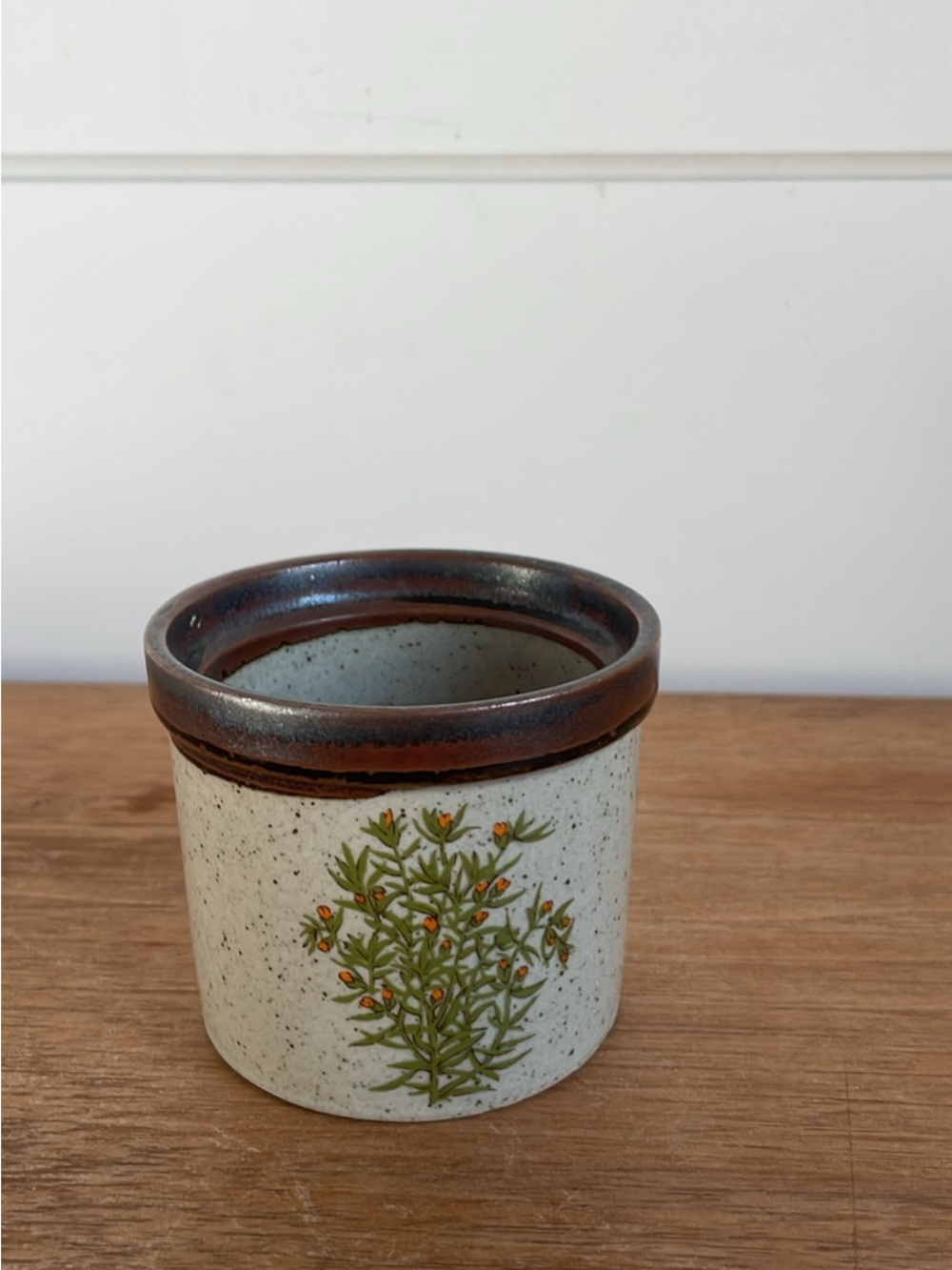 Japan stoneware Herb Pot with Brown Rim and Green Floral Design